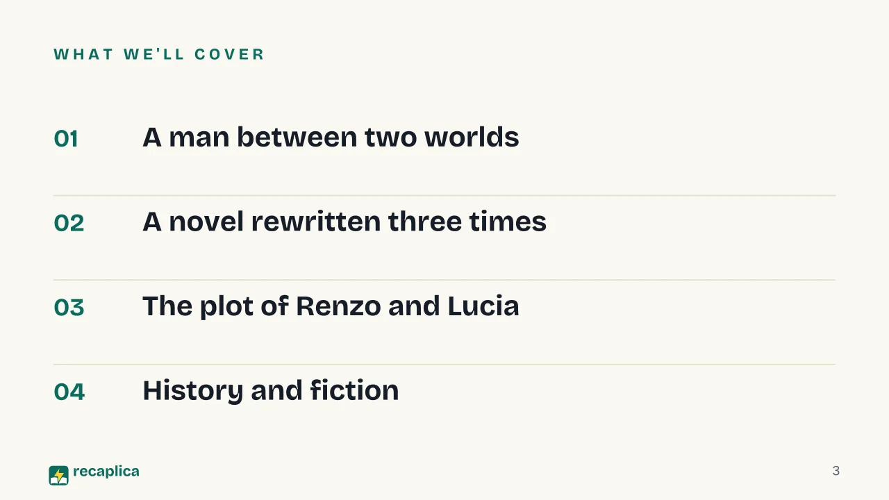 Slide 3 of the presentation on Alessandro Manzoni's The Betrothed: What we'll cover