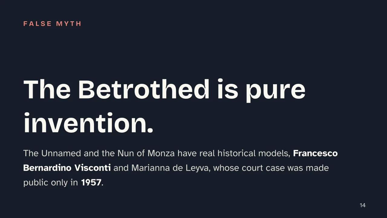 Slide 14 of the presentation on Alessandro Manzoni's The Betrothed: The Betrothed is pure invention.