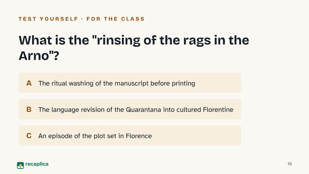 Slide 16 of the presentation on Alessandro Manzoni's The Betrothed: What is the "rinsing of the rags in the Arno"?