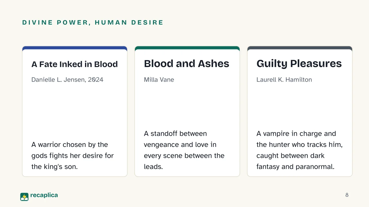 Slide 8 of the presentation on Best Dark Romance Books: Divine power, human desire: A Fate Inked in Blood, Blood and Ashes, Guilty Pleasures