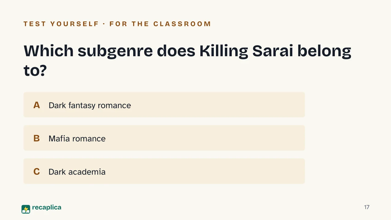 Slide 17 of the presentation on Best Dark Romance Books: Which subgenre does Killing Sarai belong to?