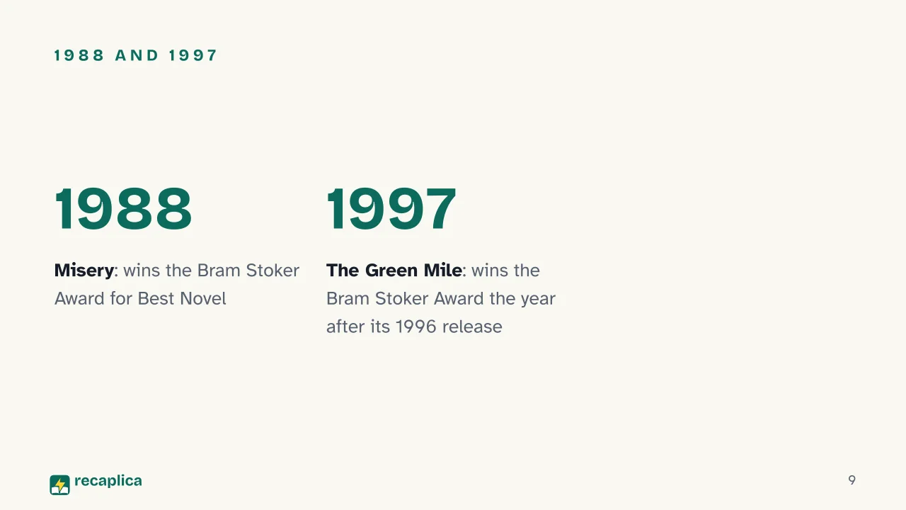Slide 9 of the presentation on Best Stephen King Books: 1988 and 1997