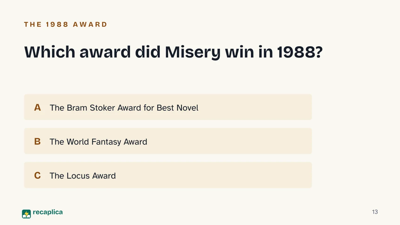 Slide 13 of the presentation on Best Stephen King Books: Which award did Misery win in 1988?