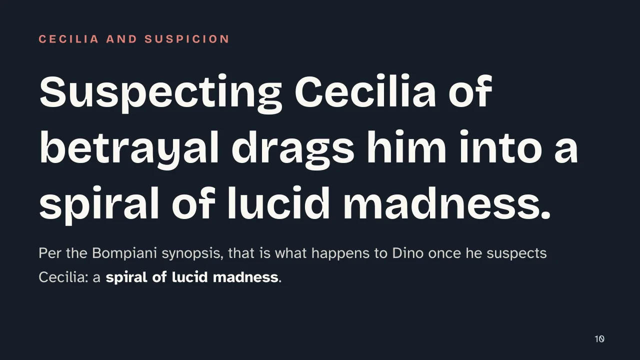 Slide 10 of the presentation on Boredom by Alberto Moravia: Suspecting Cecilia of betrayal drags him into a spiral of lucid madness.