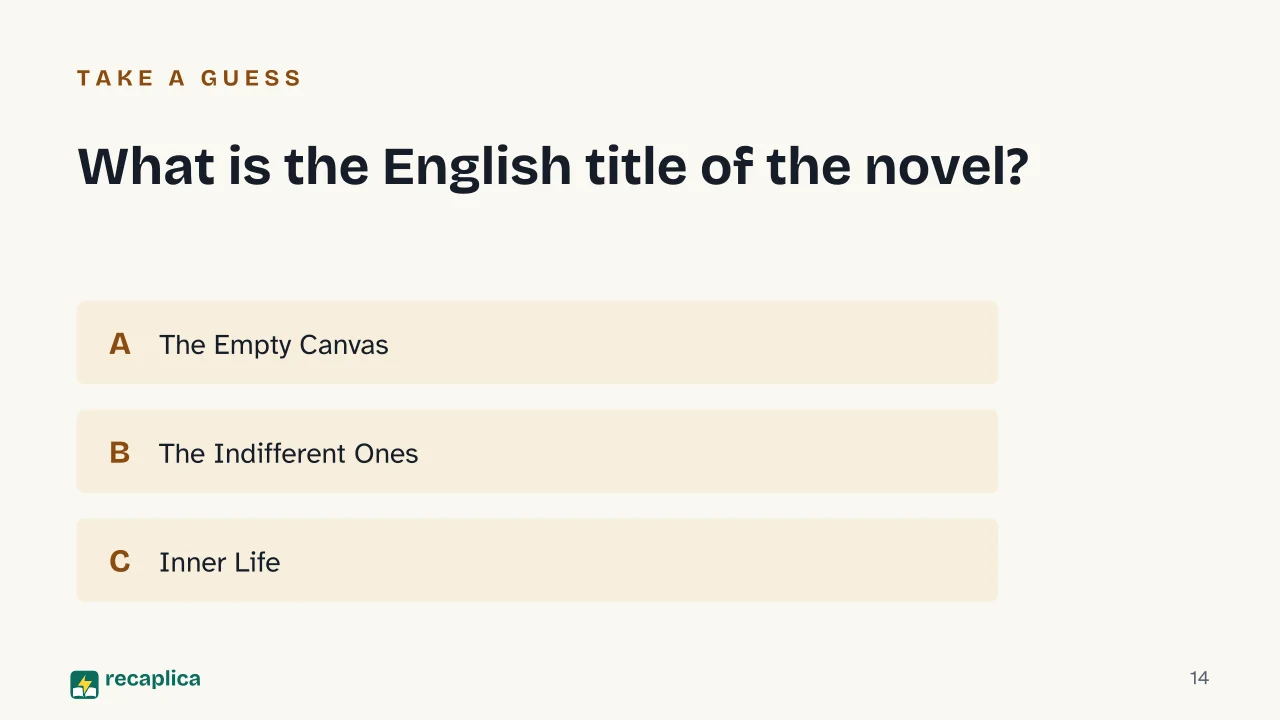 Slide 14 of the presentation on Boredom by Alberto Moravia: What is the English title of the novel?