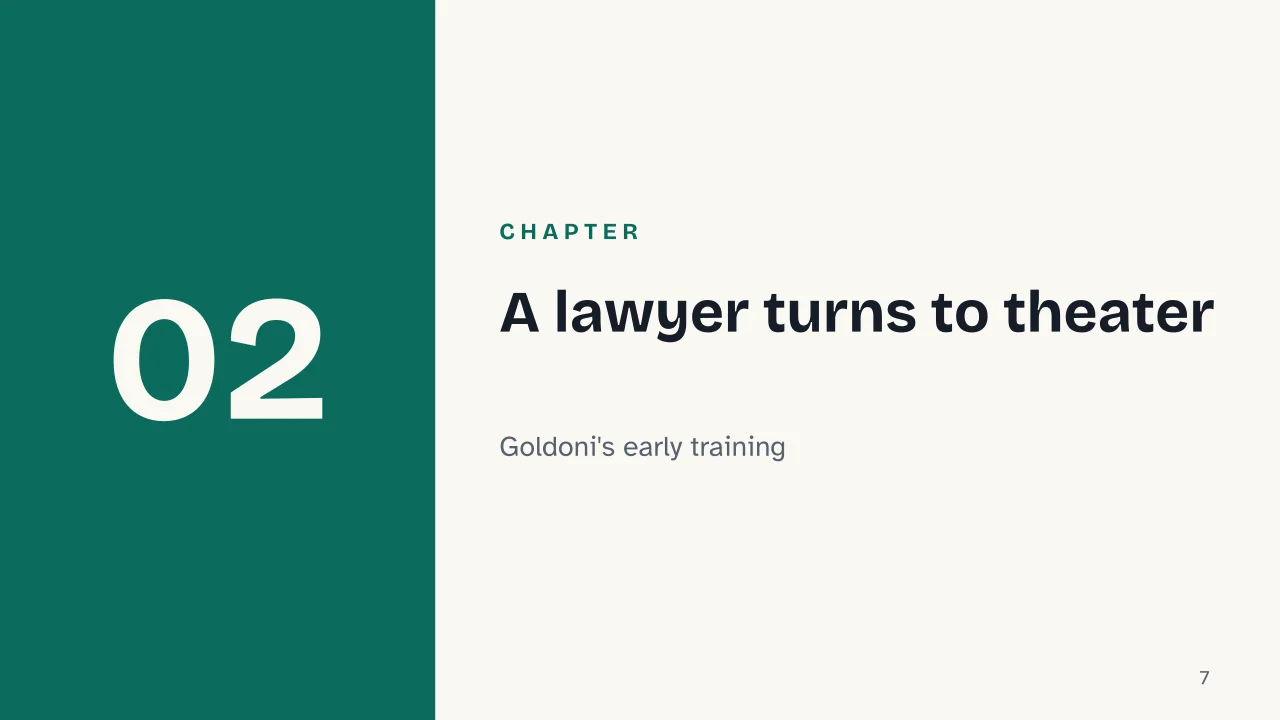 Slide 7 of the presentation on Carlo Goldoni: Chapter 02: A lawyer turns to theater