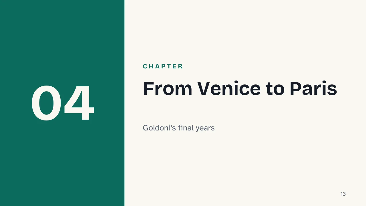 Slide 13 of the presentation on Carlo Goldoni: Chapter 04: From Venice to Paris