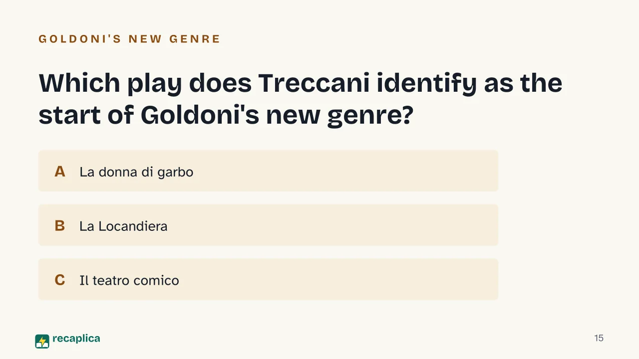Slide 15 of the presentation on Carlo Goldoni: Which play does Treccani identify as the start of Goldoni's new genre?
