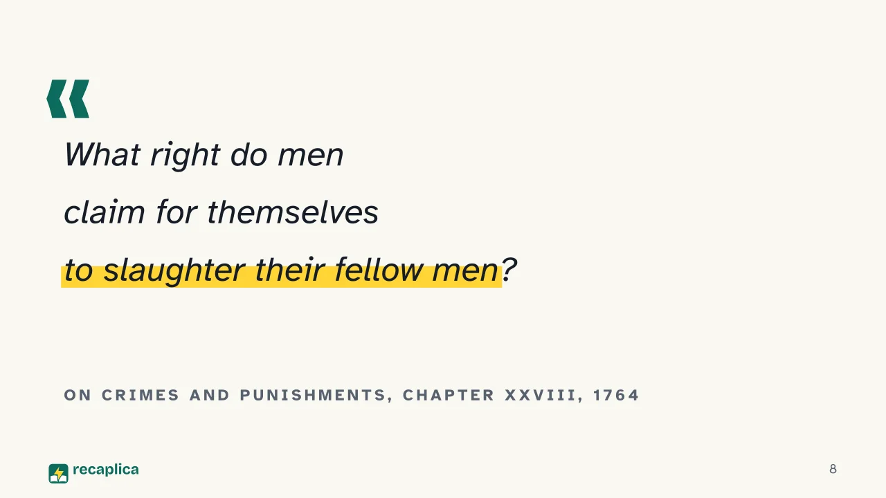 Slide 8 of the presentation on Cesare Beccaria: On Crimes and Punishments, chapter XXVIII, 1764