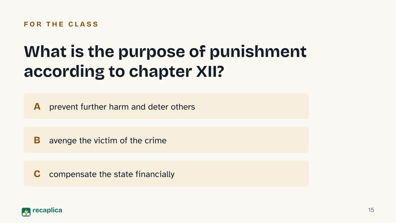 Slide 15 of the presentation on Cesare Beccaria: What is the purpose of punishment according to chapter XII?