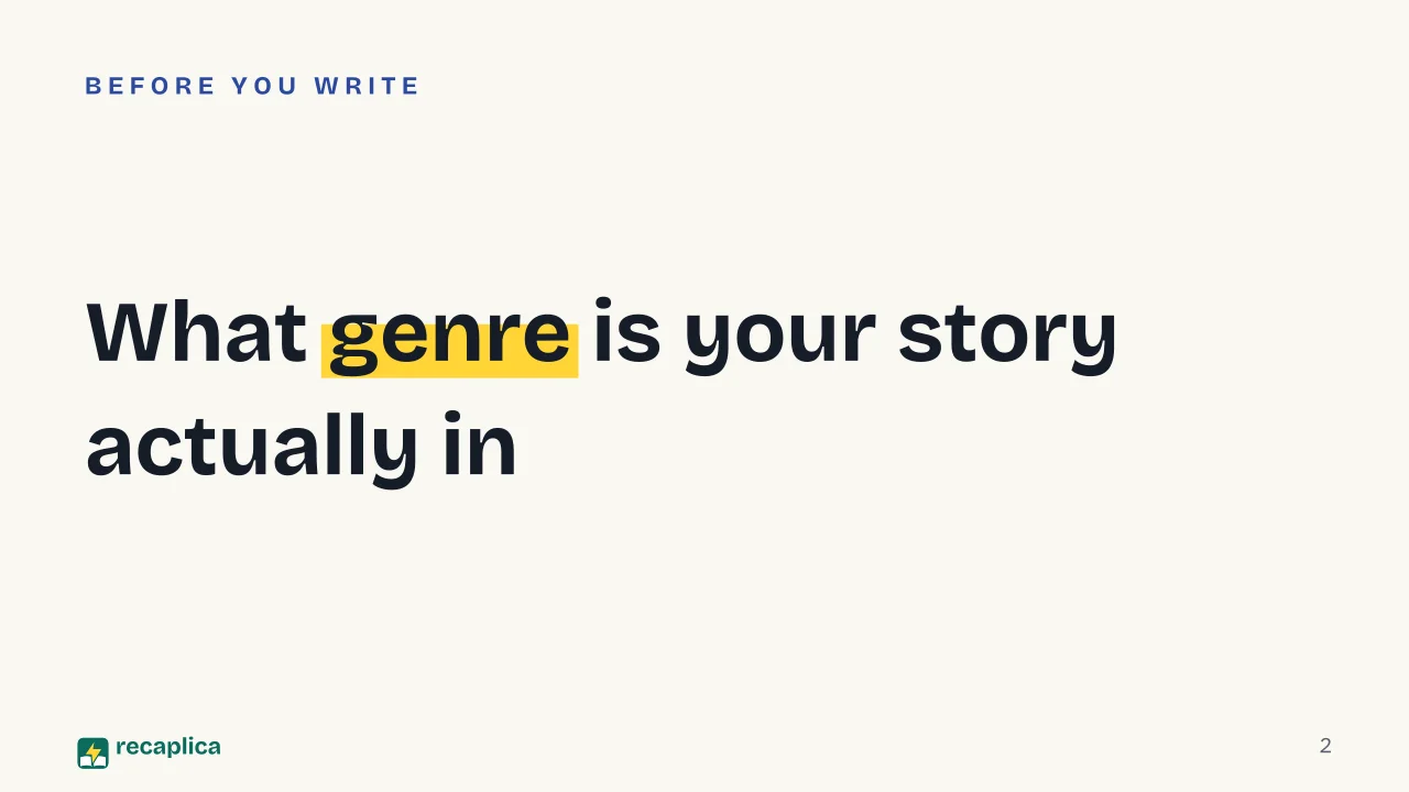 Slide 2 of the presentation on How to Choose a Genre for Writing a Story: What genre is your story actually in