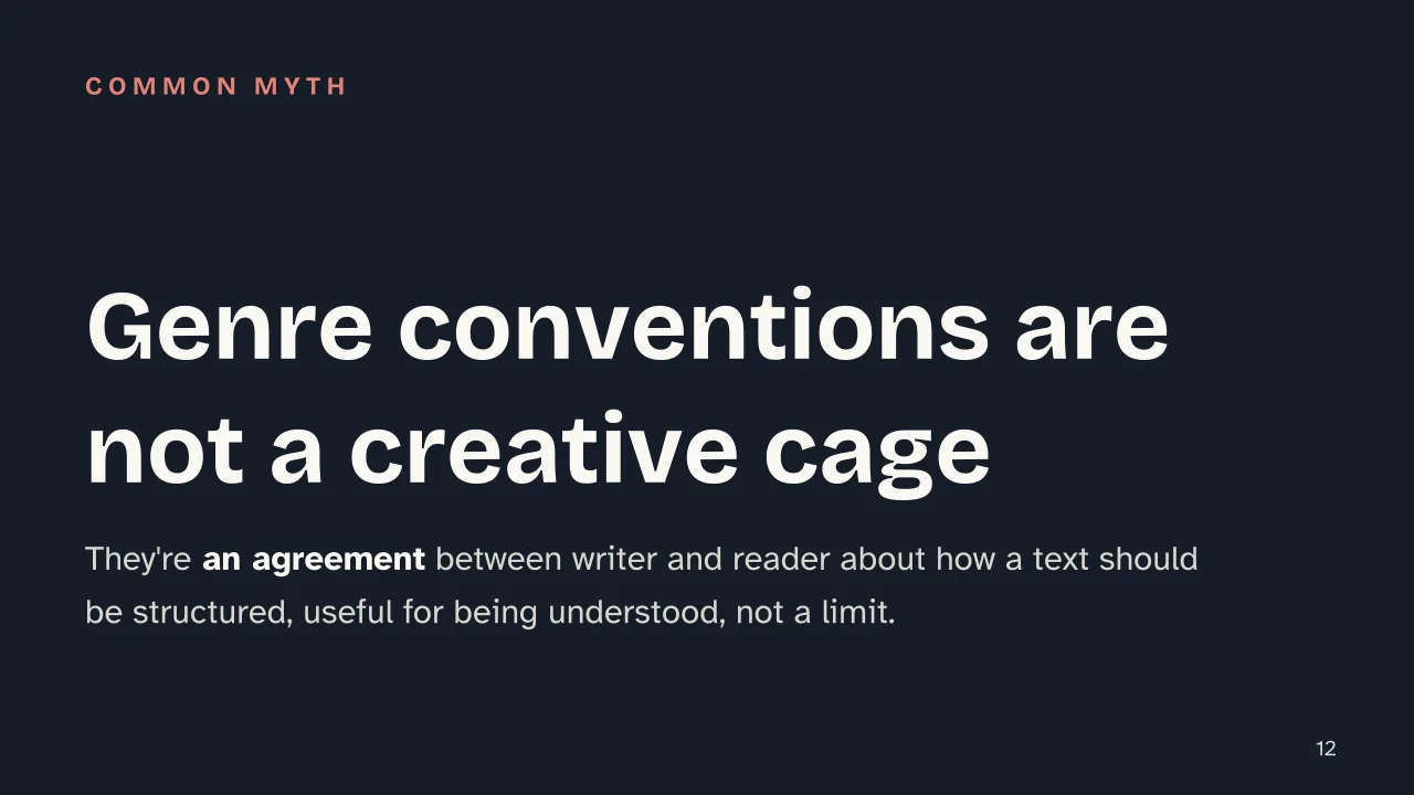Slide 12 of the presentation on How to Choose a Genre for Writing a Story: Genre conventions are not a creative cage