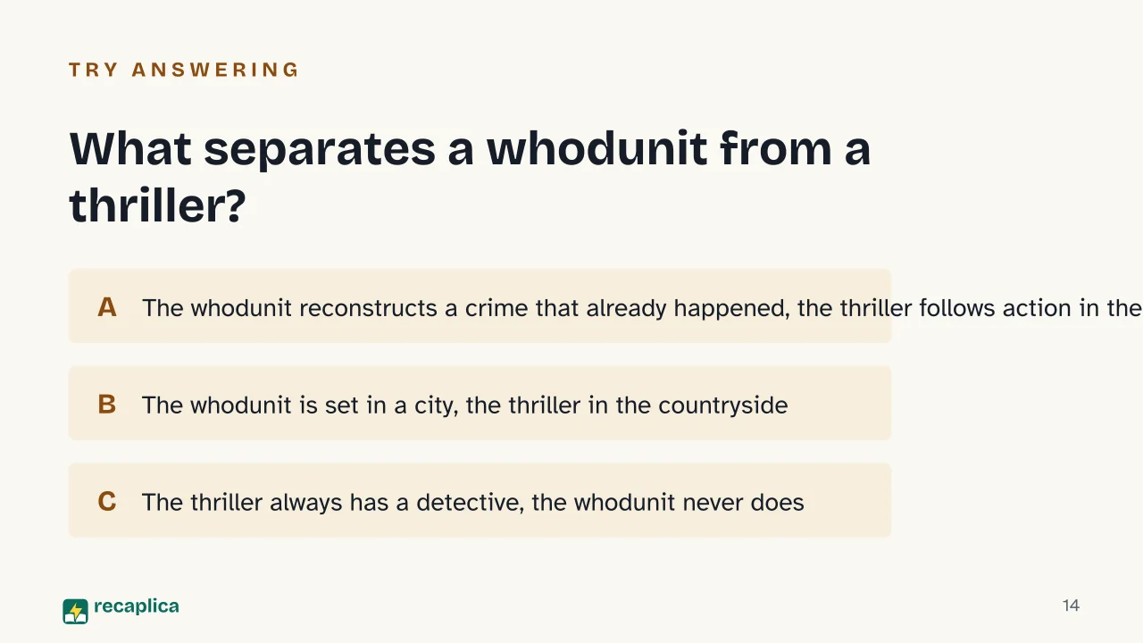 Slide 14 of the presentation on How to Choose a Genre for Writing a Story: What separates a whodunit from a thriller?