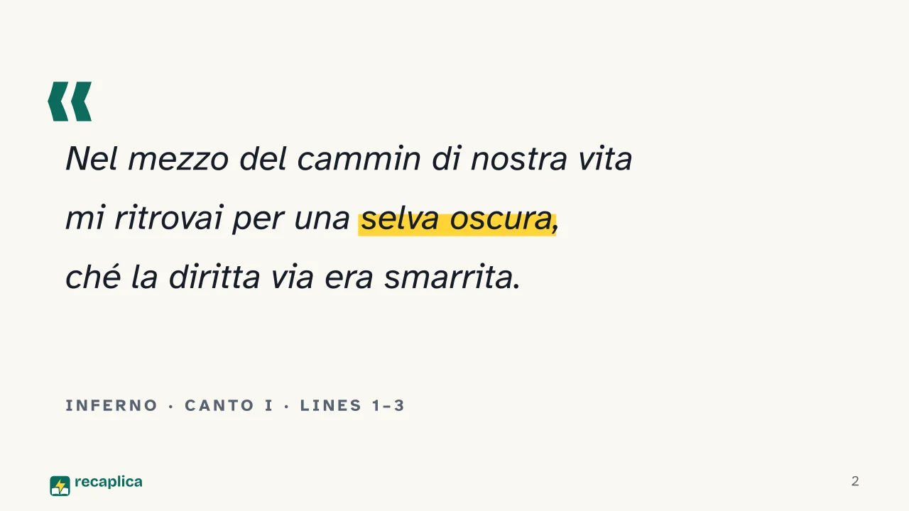 Slide 2 of the presentation on Dante's Divine Comedy: Inferno · Canto I · lines 1–3