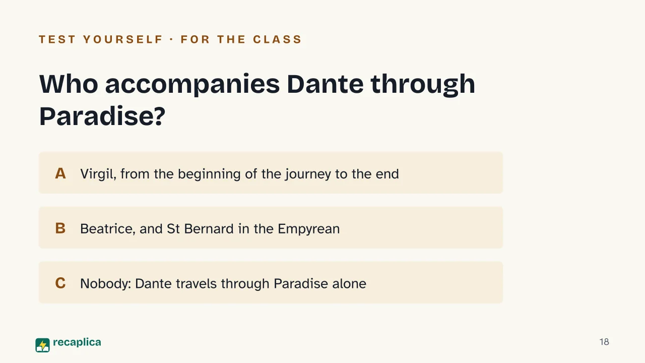 Slide 18 of the presentation on Dante's Divine Comedy: Who accompanies Dante through Paradise?
