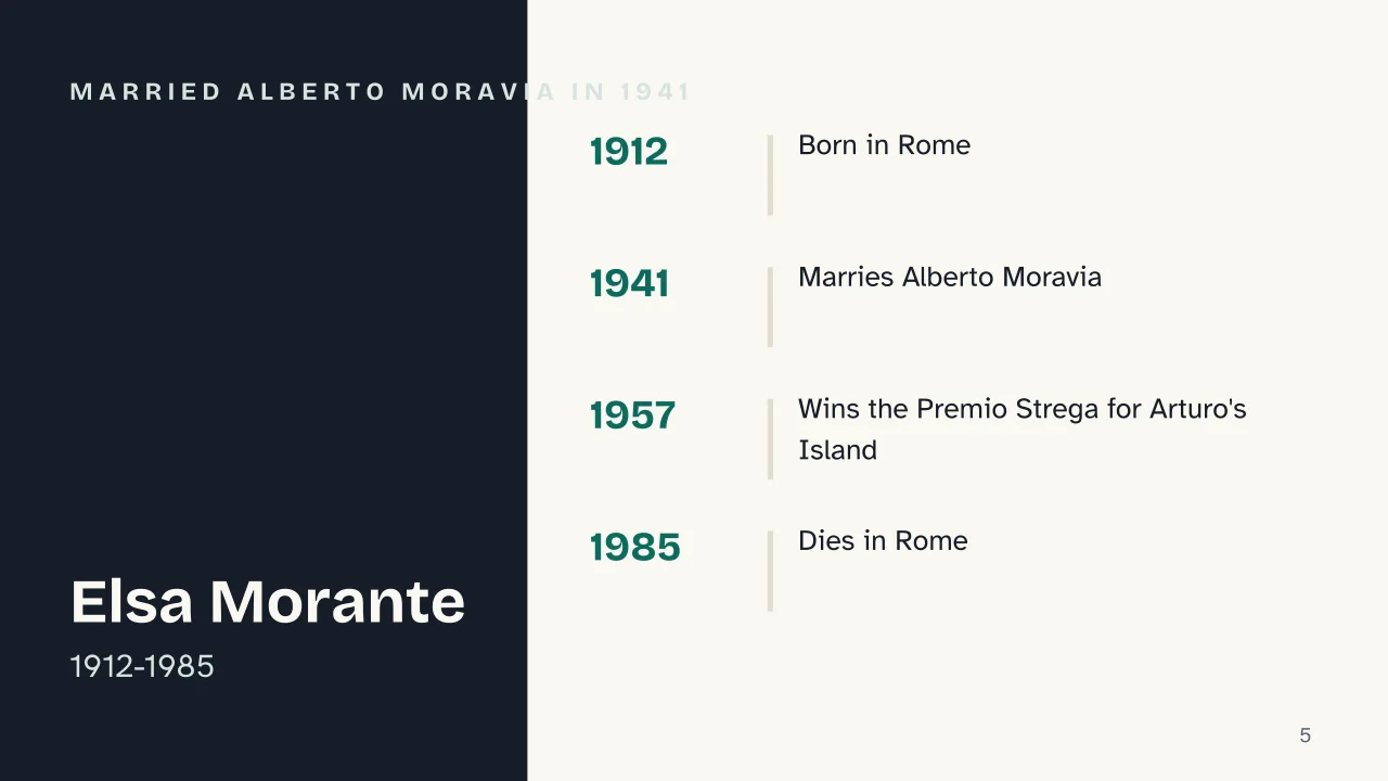 Slide 5 of the presentation on Elsa Morante's History: Married Alberto Moravia in 1941