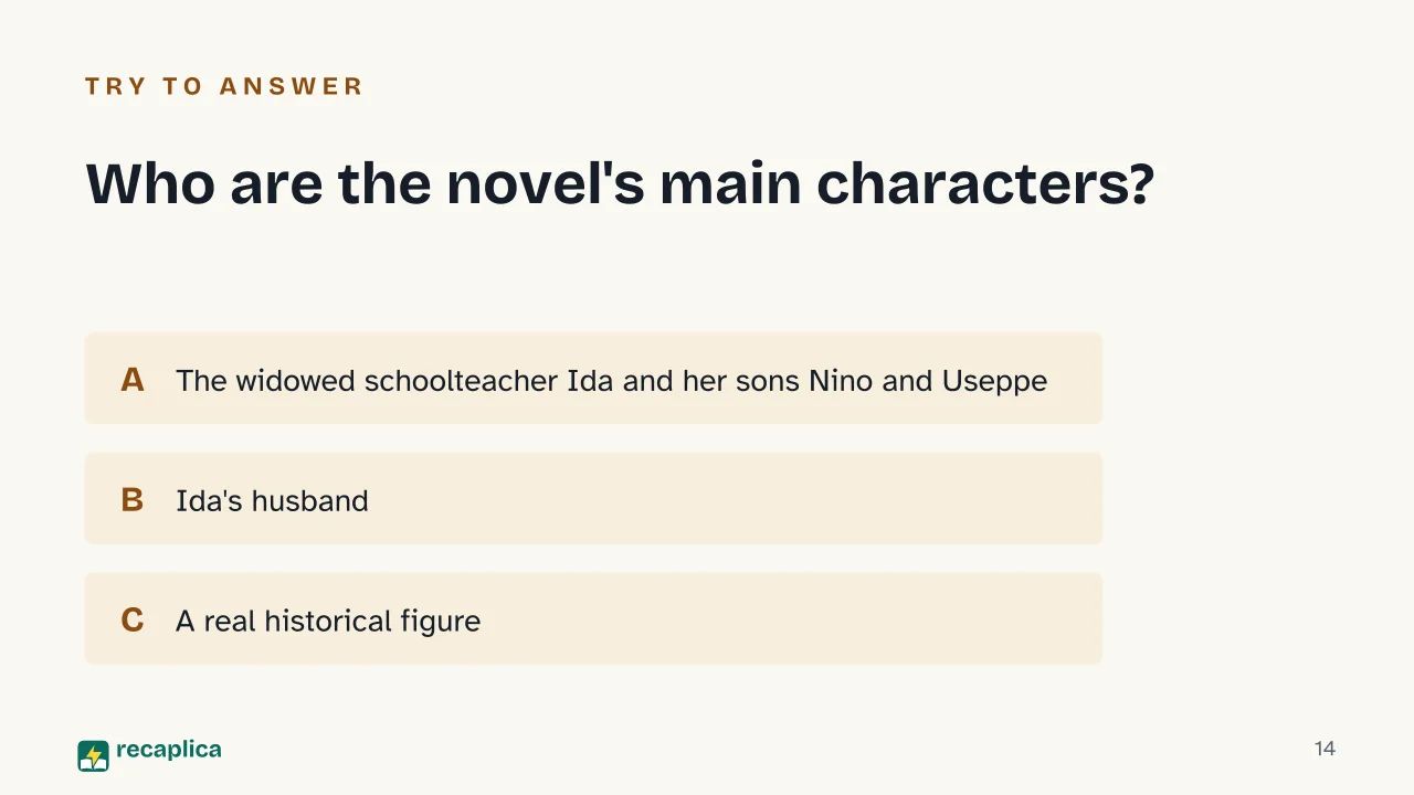 Slide 14 of the presentation on Elsa Morante's History: Who are the novel's main characters?