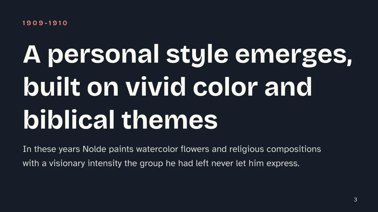 Slide 3 of the presentation on Emil Nolde: A personal style emerges, built on vivid color and biblical themes