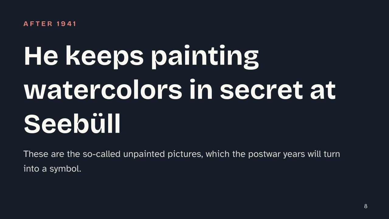 Slide 8 of the presentation on Emil Nolde: He keeps painting watercolors in secret at Seebüll