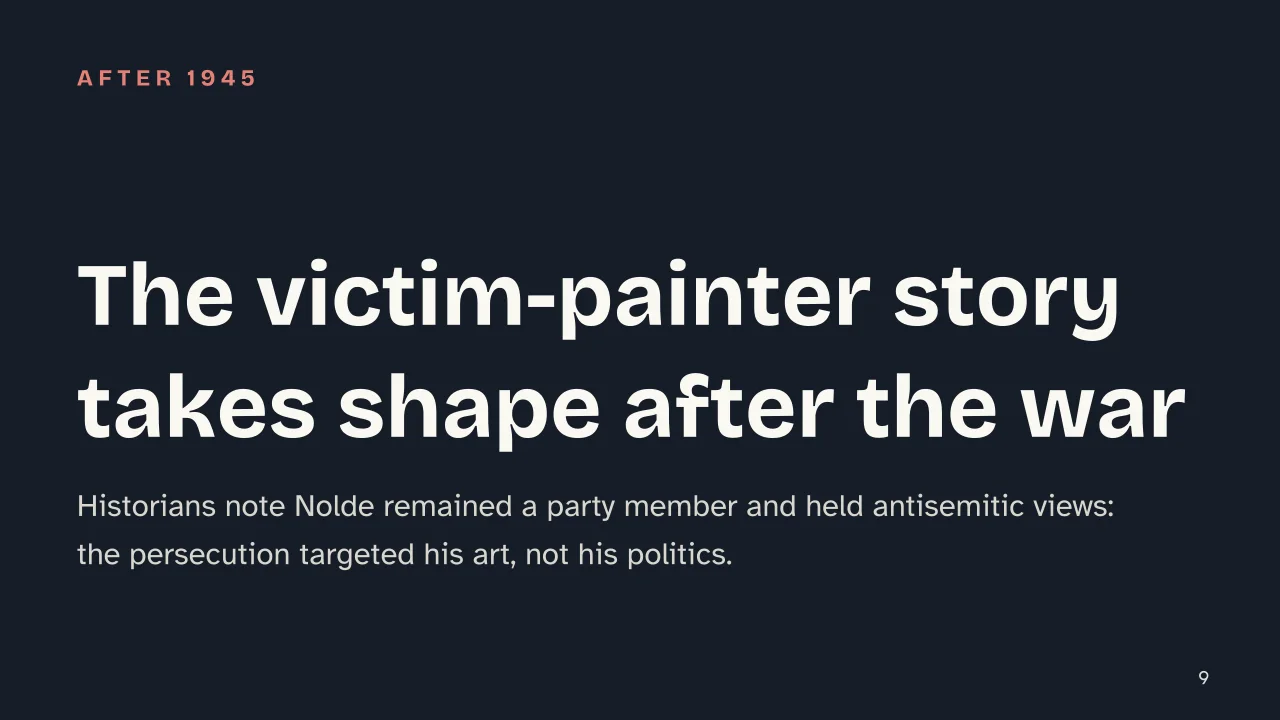 Slide 9 of the presentation on Emil Nolde: The victim-painter story takes shape after the war