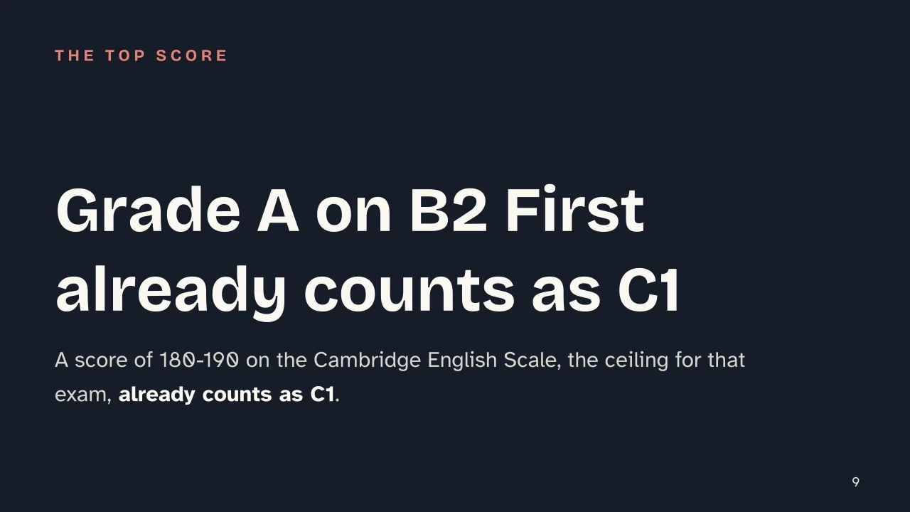 Slide 9 of the presentation on English Level Test: Grade A on B2 First already counts as C1
