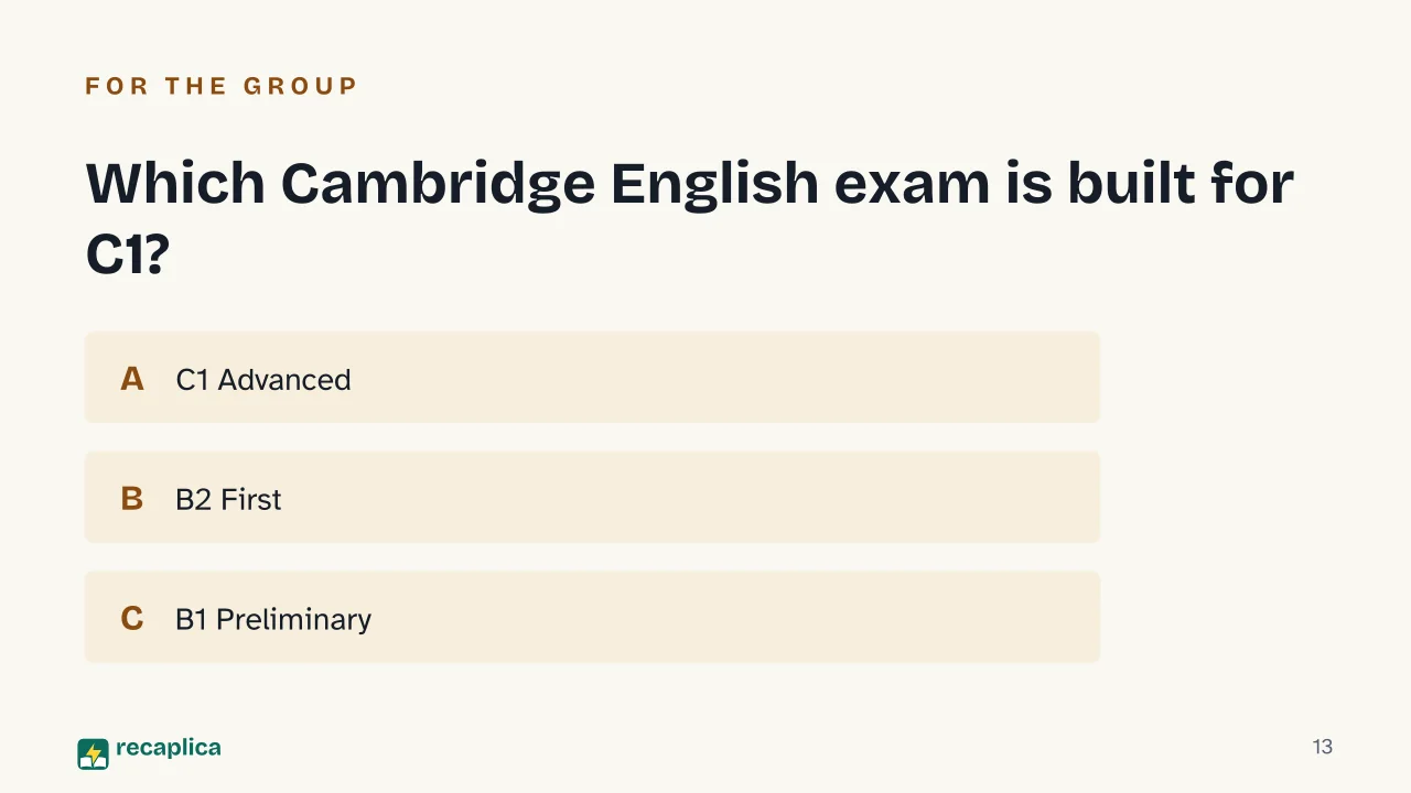 Slide 13 of the presentation on English Level Test: Which Cambridge English exam is built for C1?