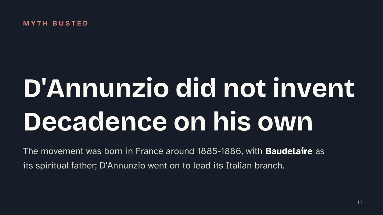 Slide 11 of the presentation on Gabriele D'Annunzio: D'Annunzio did not invent Decadence on his own
