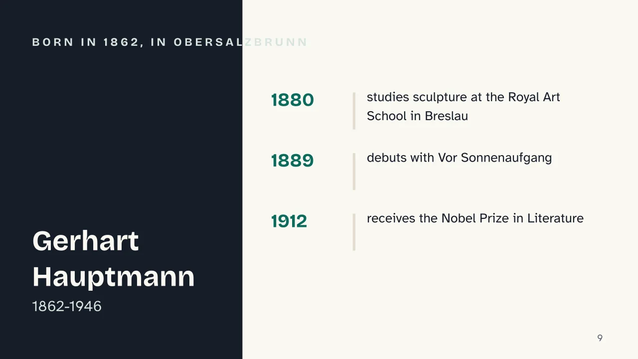 Slide 9 of the presentation on Gerhart Hauptmann: Born in 1862, in Obersalzbrunn