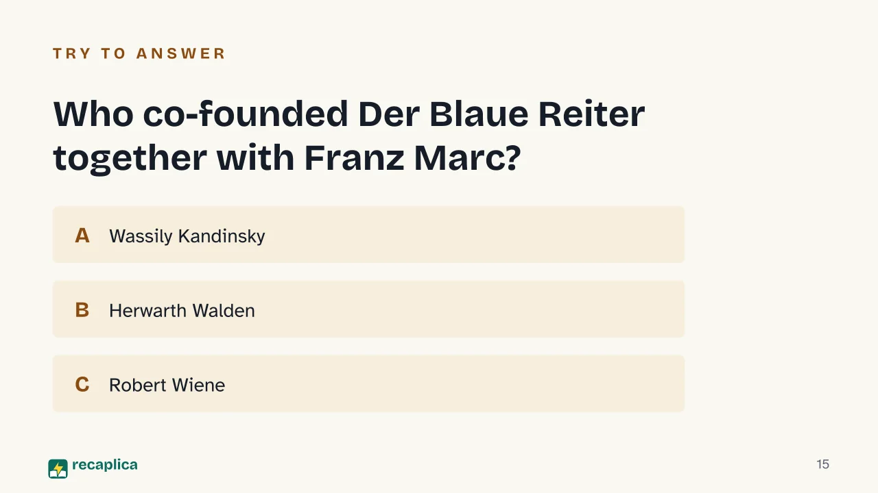 Slide 15 of the presentation on What Is German Expressionism? Meaning and Concept Map: Who co-founded Der Blaue Reiter together with Franz Marc?