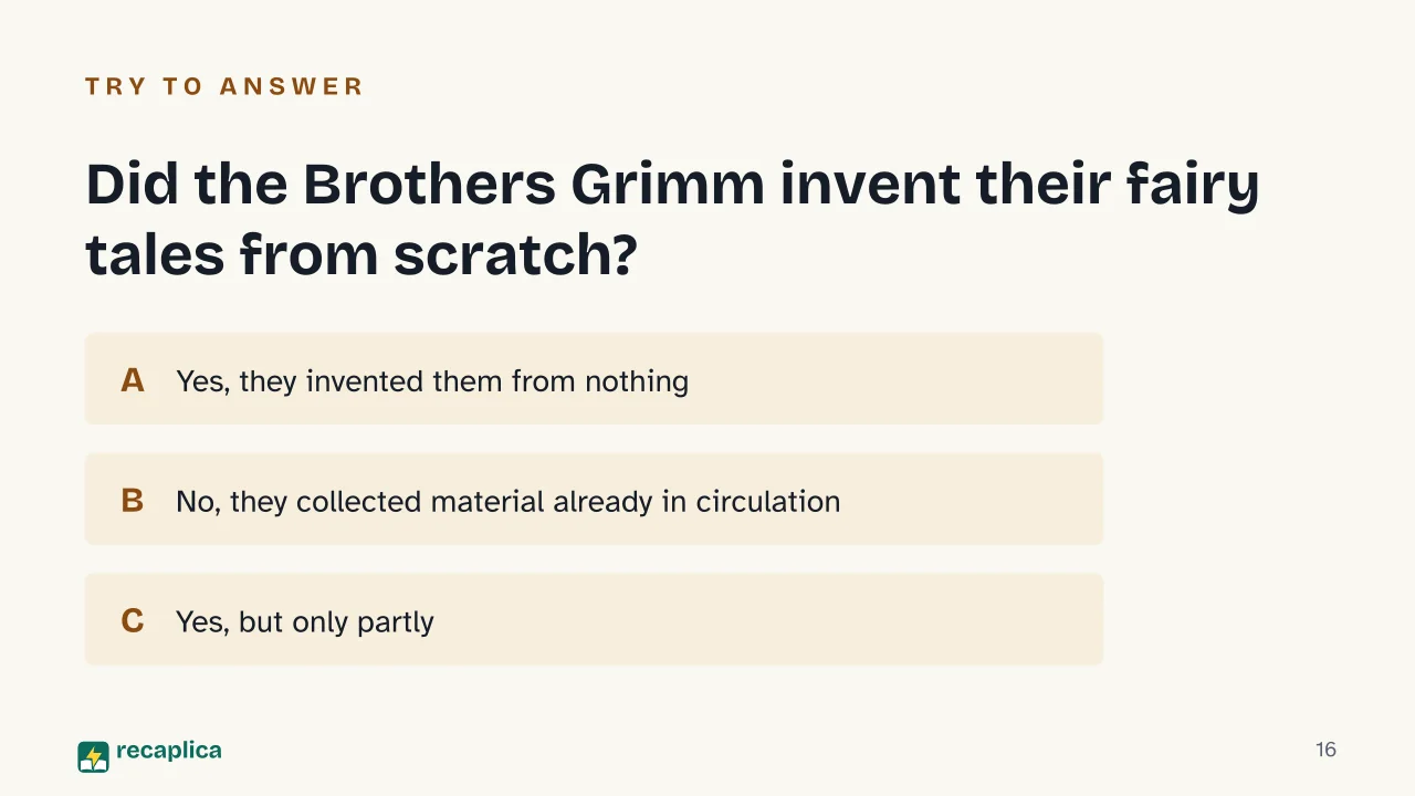 Slide 16 of the presentation on German Romanticism: Did the Brothers Grimm invent their fairy tales from scratch?
