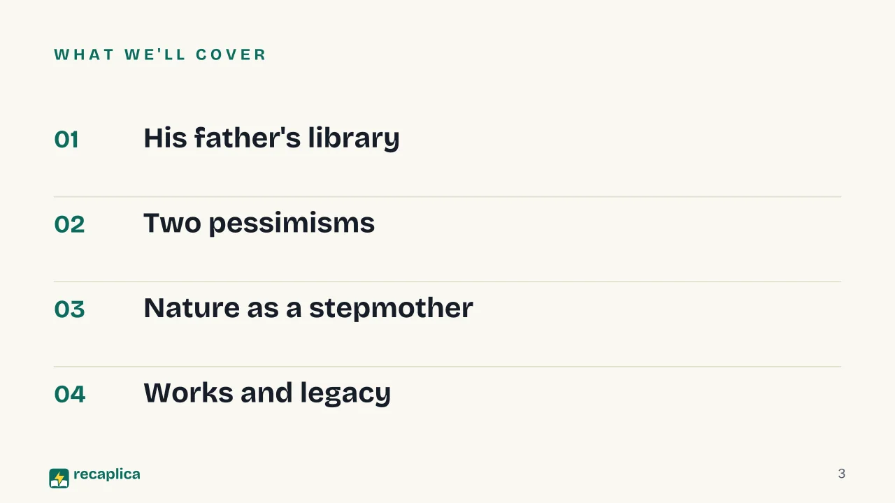 Slide 3 of the presentation on Giacomo Leopardi: What we'll cover