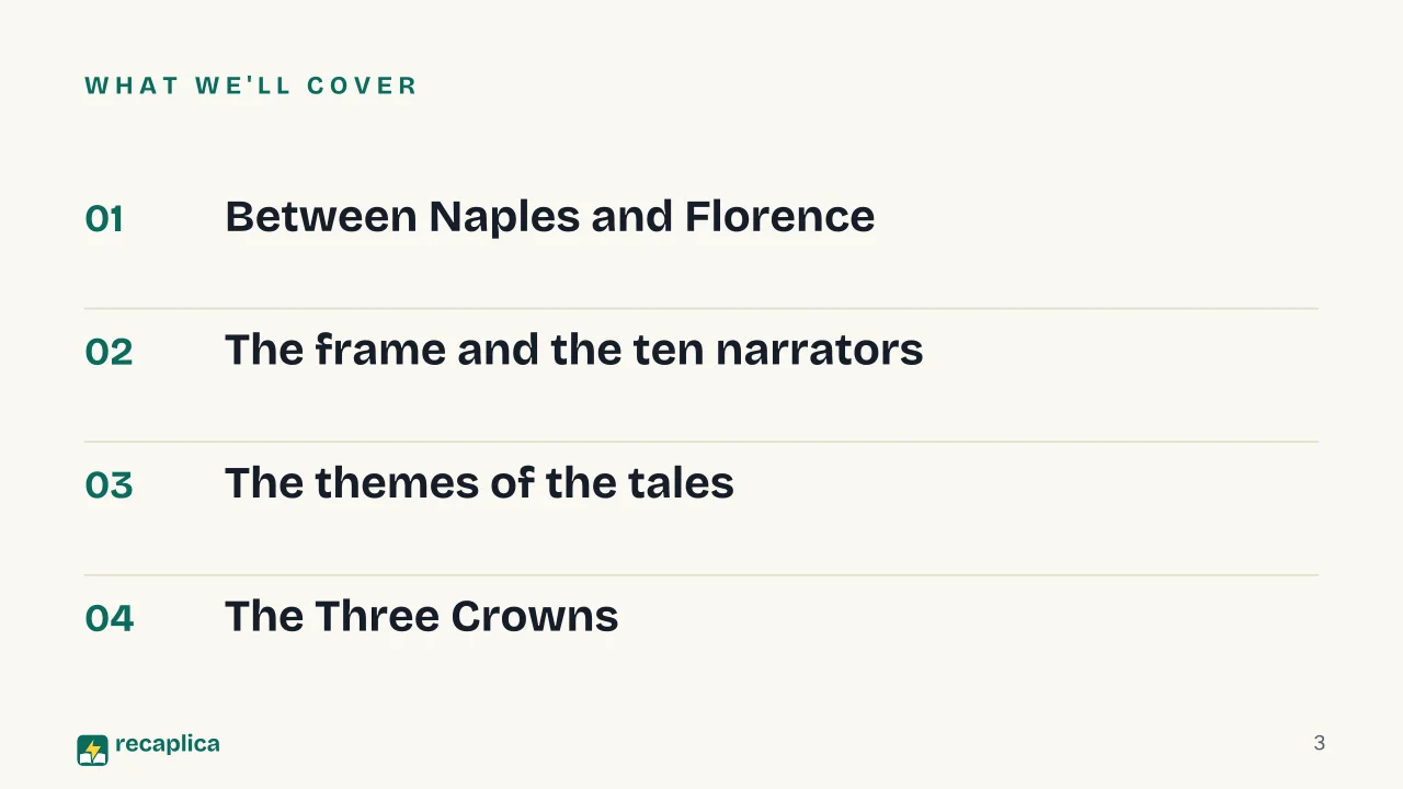 Slide 3 of the presentation on Giovanni Boccaccio and the Decameron: What we'll cover