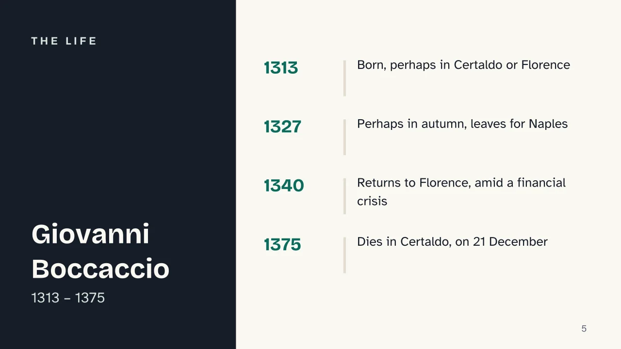 Slide 5 of the presentation on Giovanni Boccaccio and the Decameron: The life