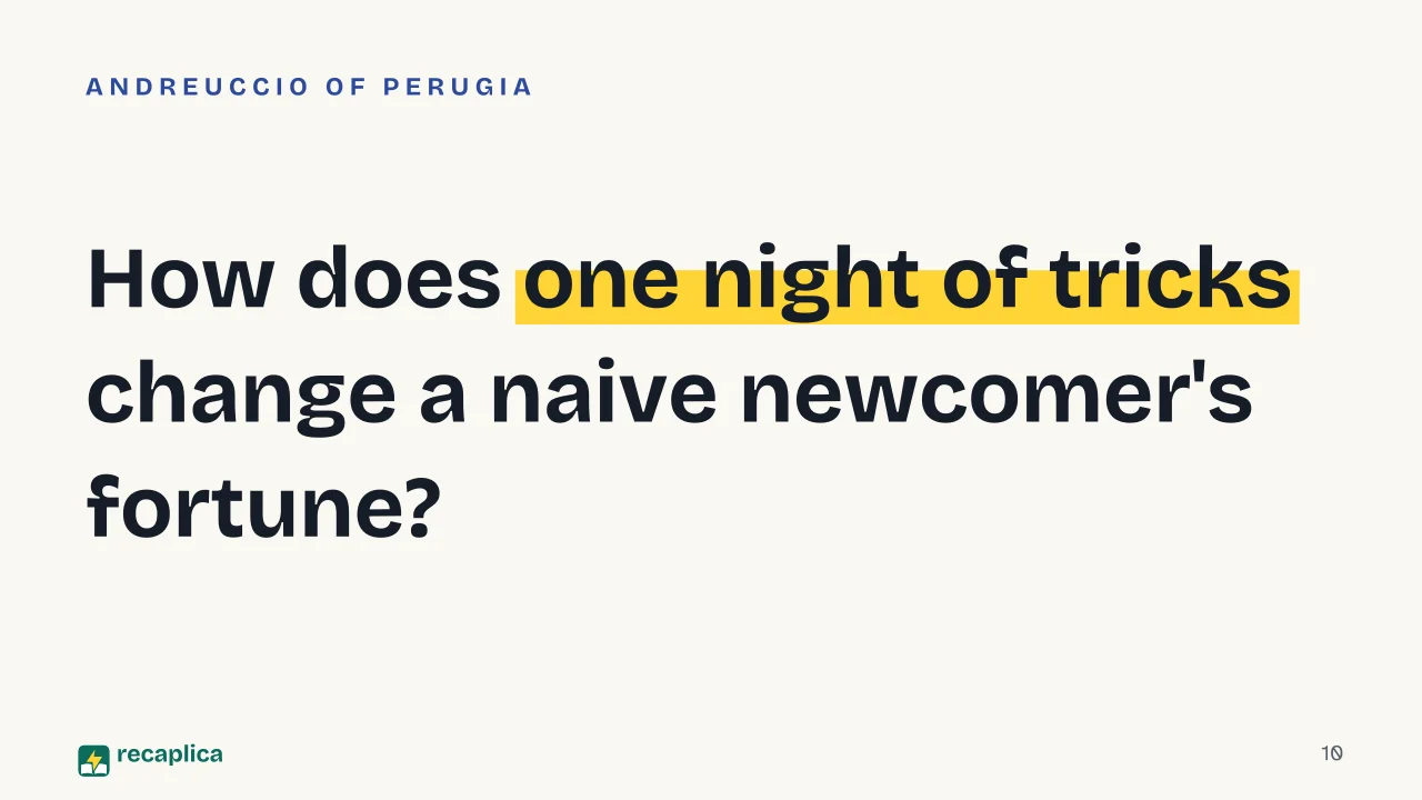 Slide 10 of the presentation on Giovanni Boccaccio and the Decameron: How does one night of tricks change a naive newcomer's fortune?