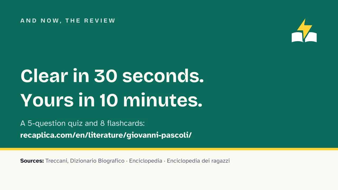 Slide 18 of the presentation on Giovanni Pascoli: And now, the review