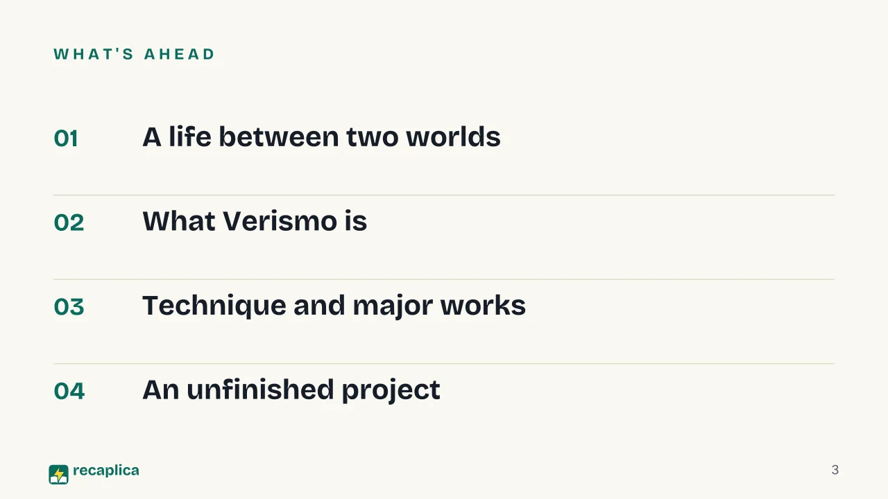 Slide 3 of the presentation on Giovanni Verga and Verismo: What's ahead