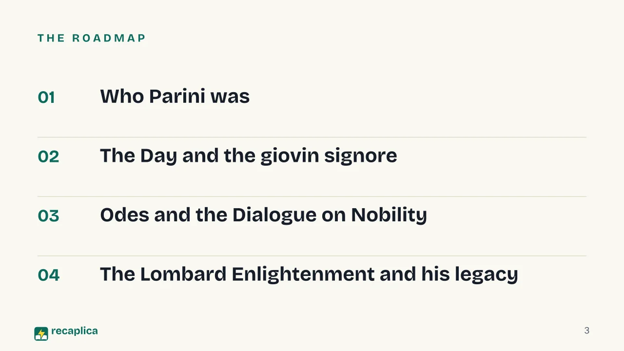 Slide 3 of the presentation on Giuseppe Parini: The roadmap