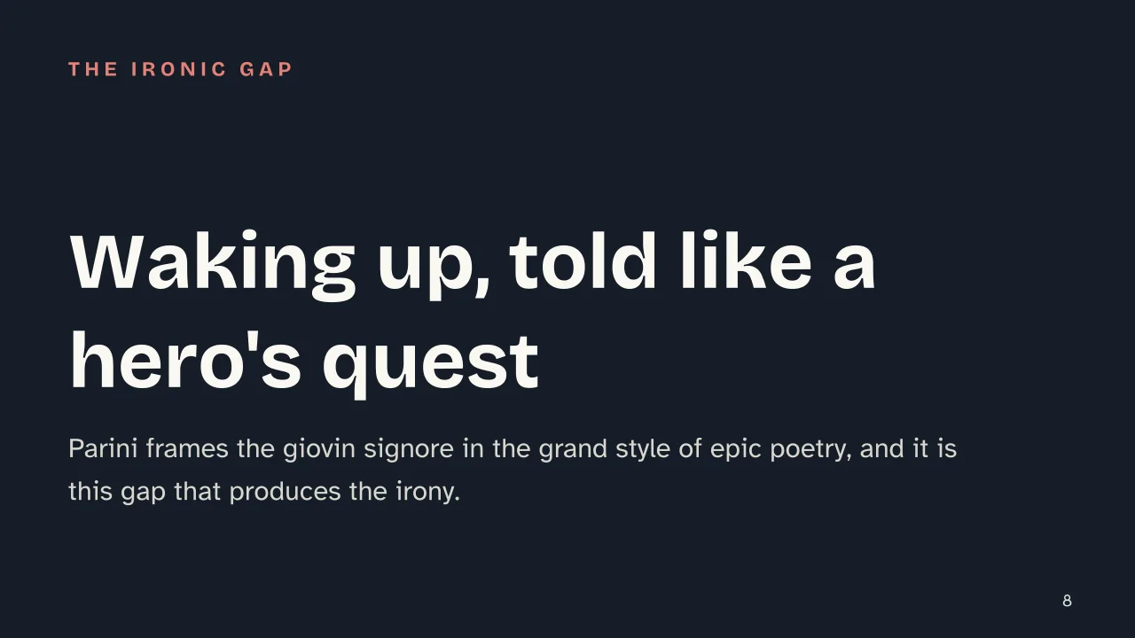 Slide 8 of the presentation on Giuseppe Parini: Waking up, told like a hero's quest