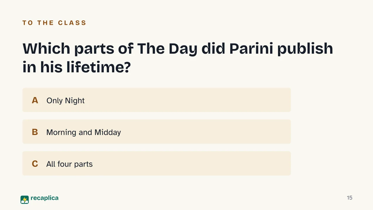 Slide 15 of the presentation on Giuseppe Parini: Which parts of The Day did Parini publish in his lifetime?