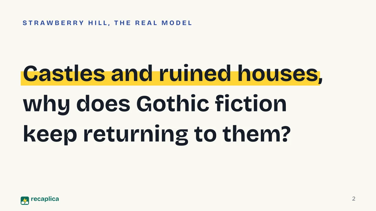 Slide 2 of the presentation on Gothic Literature: Castles and ruined houses, why does Gothic fiction keep returning to them?