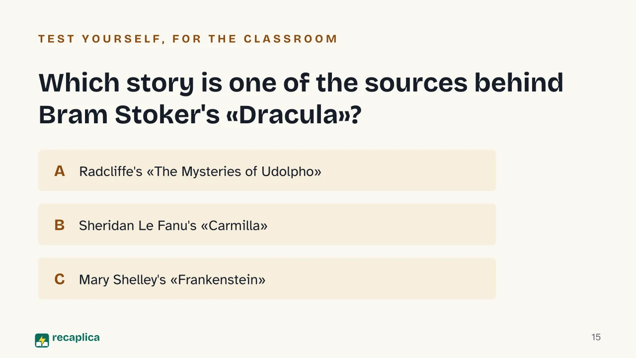 Slide 15 of the presentation on Gothic Literature: Which story is one of the sources behind Bram Stoker's «Dracula»?
