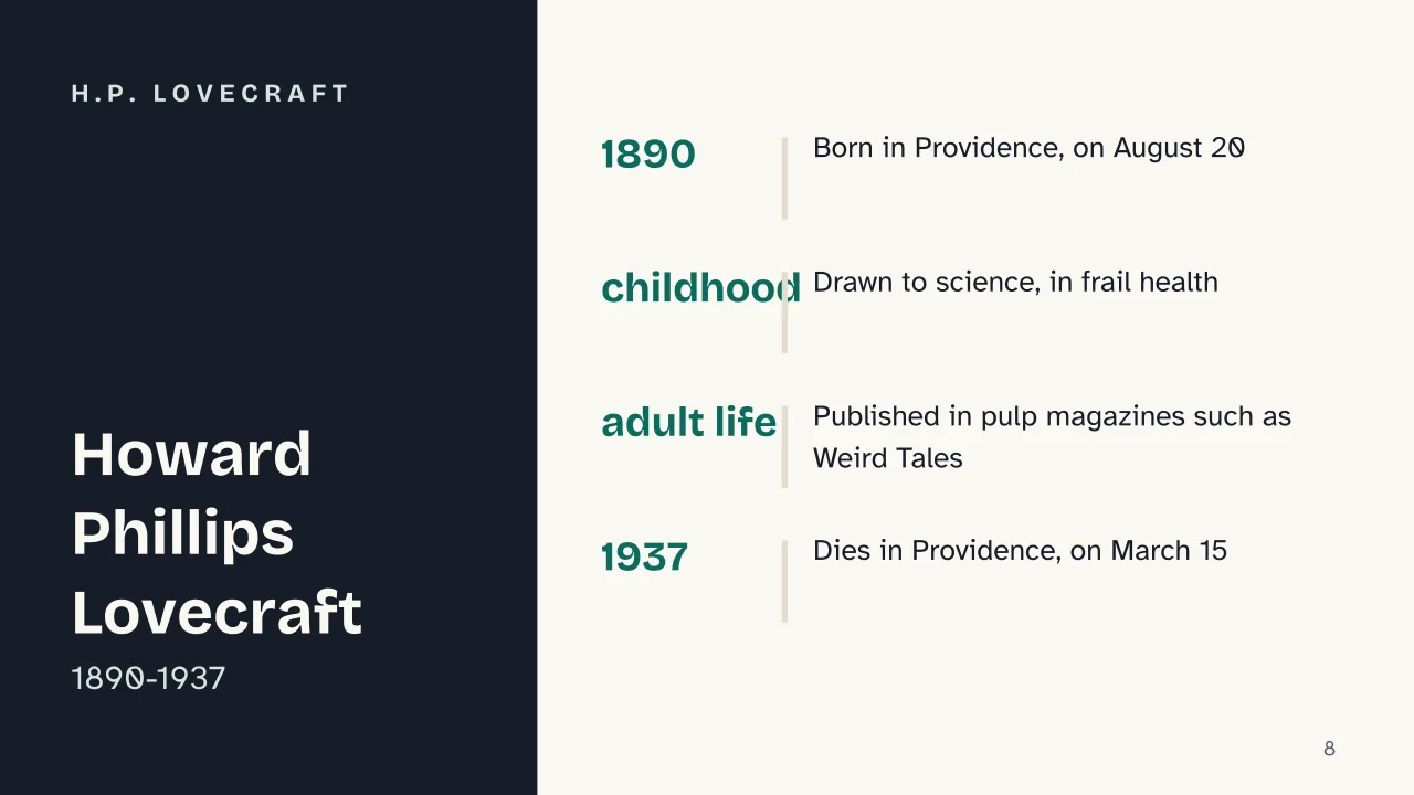 Slide 8 of the presentation on Horror Fiction: H.P. Lovecraft