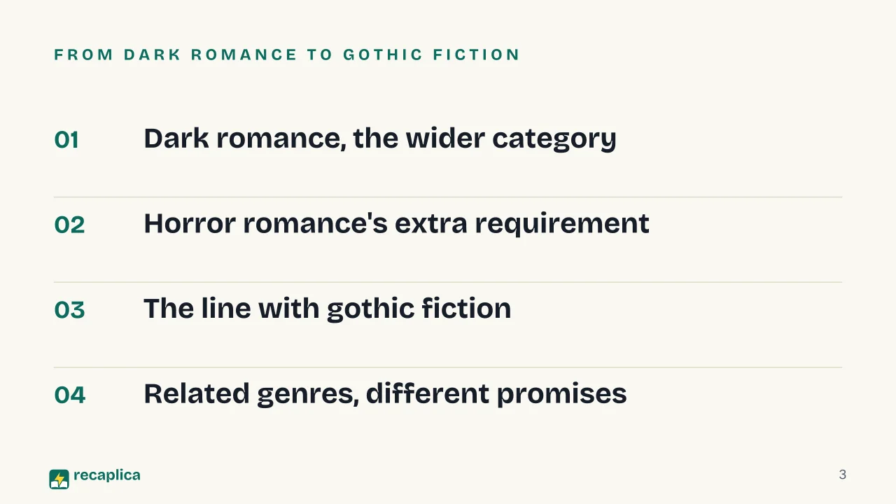 Slide 3 of the presentation on Horror Romance: From dark romance to gothic fiction