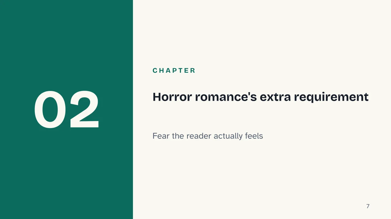 Slide 7 of the presentation on Horror Romance: Chapter 02: Horror romance's extra requirement