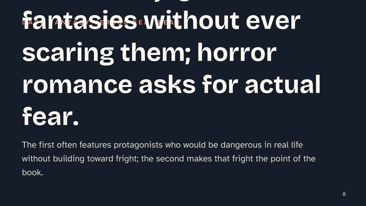 Slide 8 of the presentation on Horror Romance: Dark romance can let readers enjoy dark fantasies without ever scaring them; horror romance asks for actual fear.