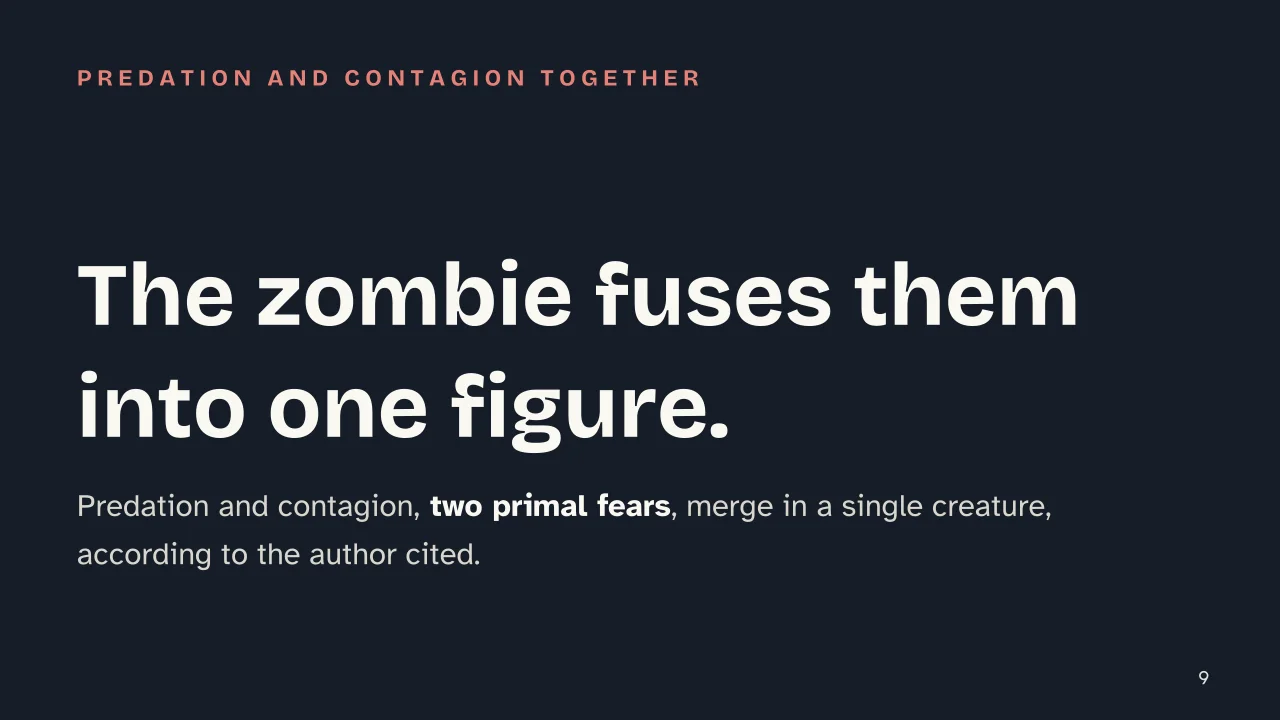 Slide 9 of the presentation on Horror Story Ideas: The zombie fuses them into one figure.