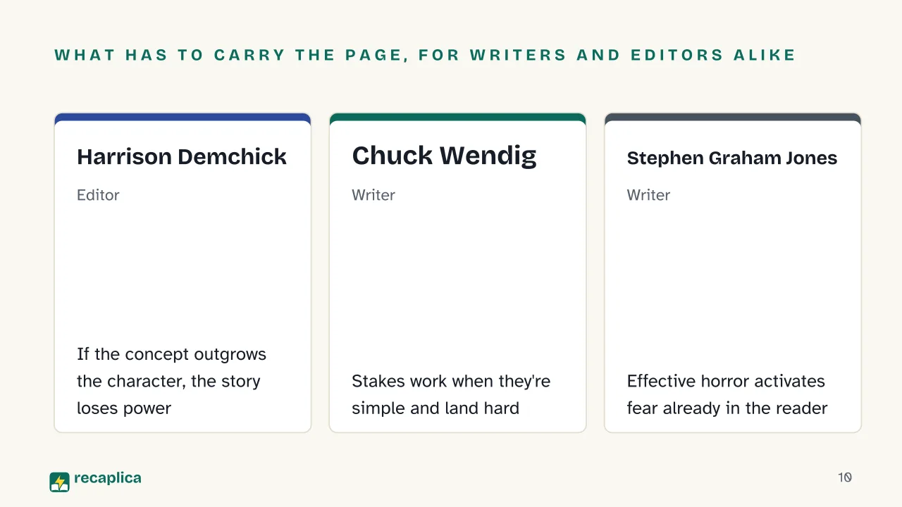 Slide 10 of the presentation on How to Write a Horror Story: What has to carry the page, for writers and editors alike: Harrison Demchick, Chuck Wendig, Stephen Graham Jones