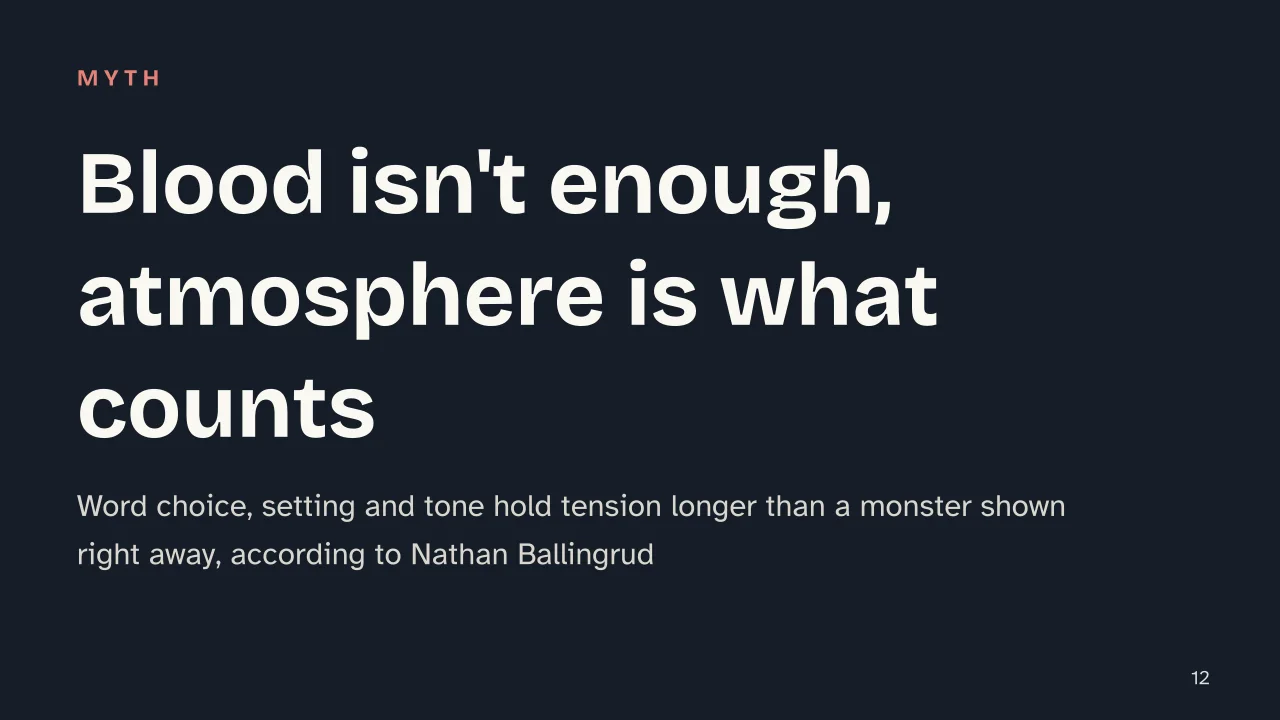 Slide 12 of the presentation on How to Write a Horror Story: Blood isn't enough, atmosphere is what counts