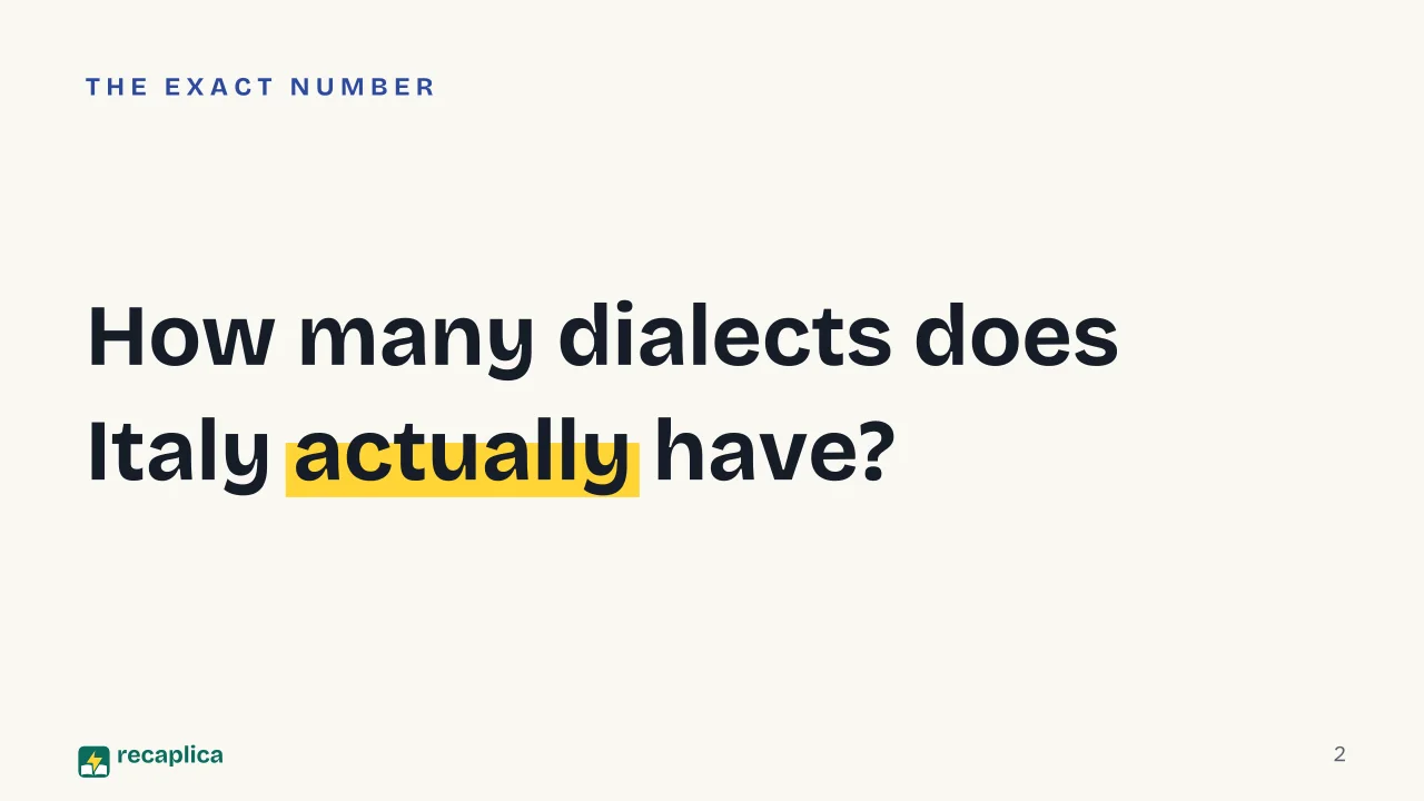 Slide 2 of the presentation on Italian Dialects: How many dialects does Italy actually have?