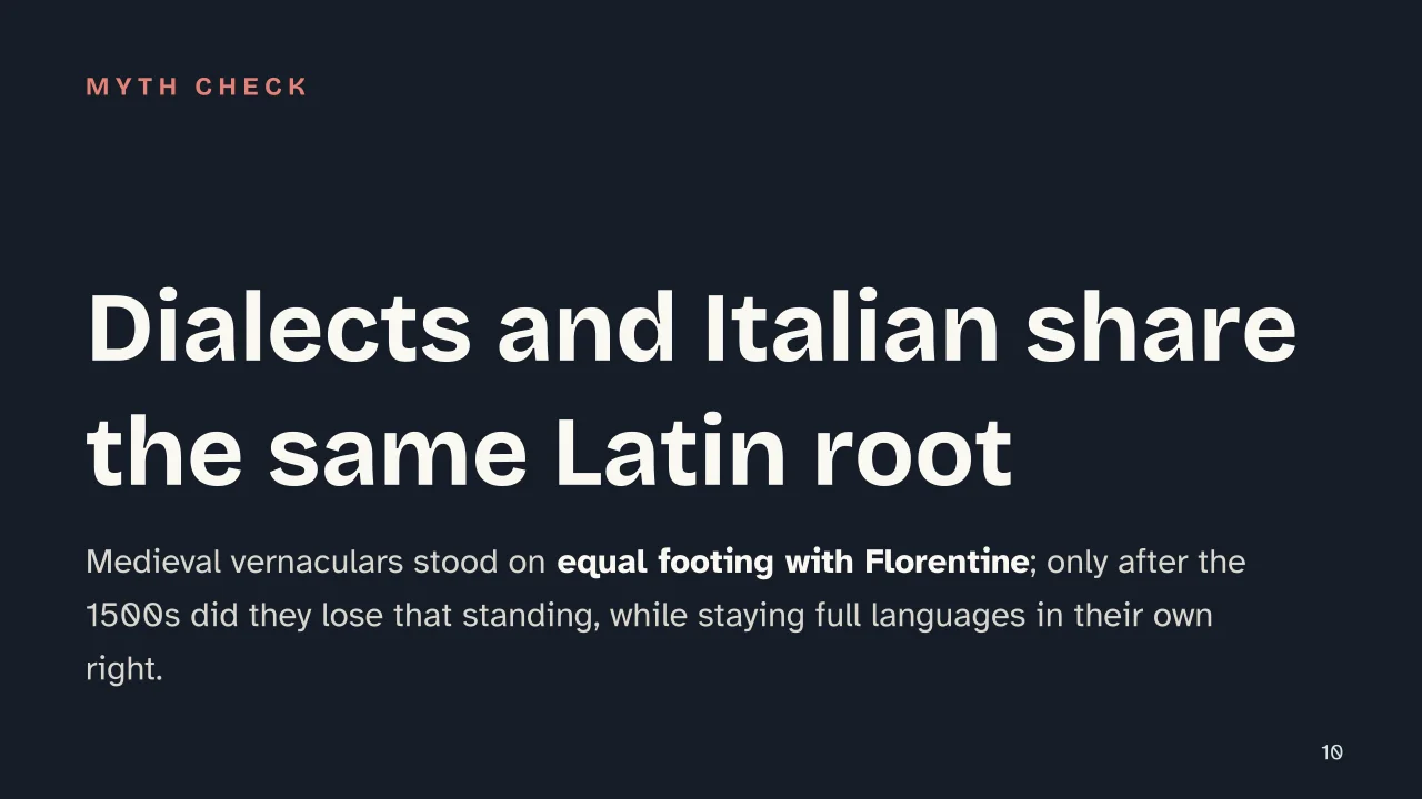 Slide 10 of the presentation on Italian Dialects: Dialects and Italian share the same Latin root